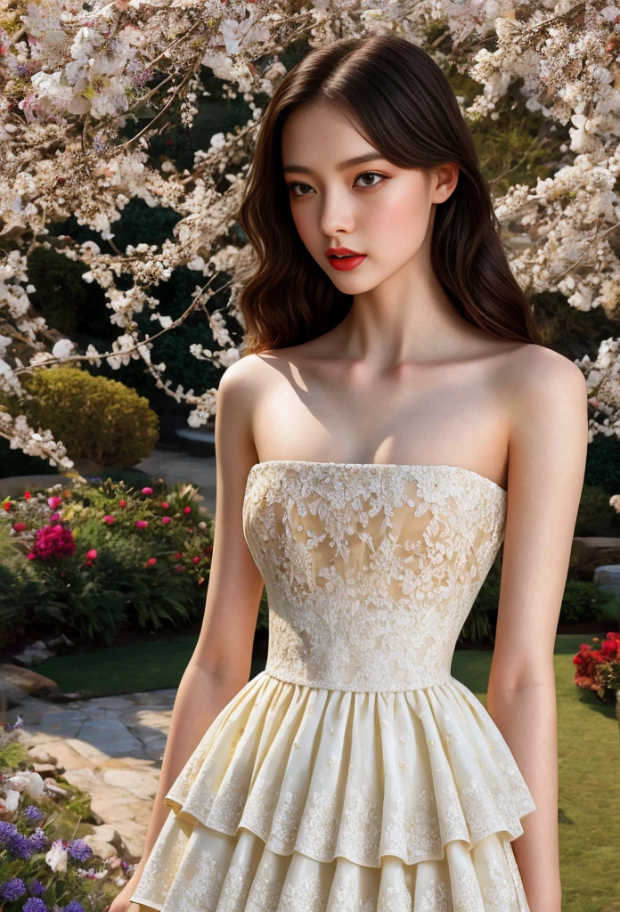 a beautiful woman with vibrant purple eyes, long eyelashes, and detailed facial features wearing a strapless layered dress in an outdoor garden setting, surrounded by white flowers, high collar, black gloves, bare legs, (best quality,4k,8k,highres,masterpiece:1.2),ultra-detailed,(realistic,photorealistic,photo-realistic:1.37),highly detailed,stunning,serene,elegant,dramatic,fantasy,dreamy,ethereal,vibrant colors