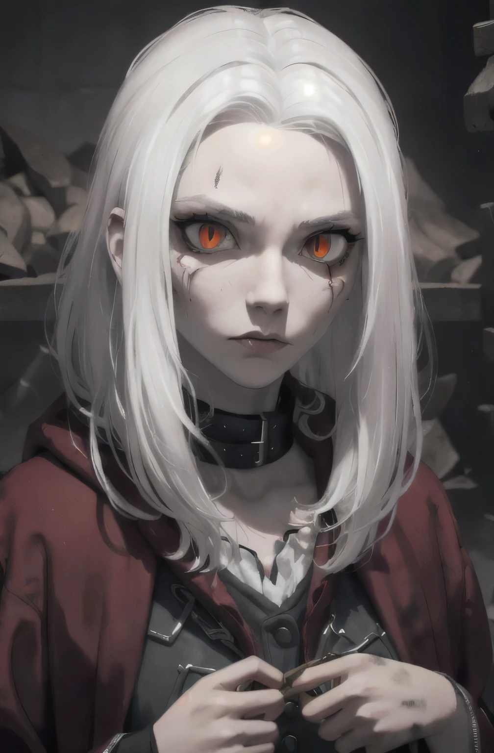 Masterpiece, best quality, 8k, dramatic lighting, 1girl, (((colorless skin, white skin))), ((((white hair)))), solo, (long hair, matted hair, straight hair), expressive eyes, large eyes, (( gaunt cheeks, pronounced cheek bones, undead, malnourished )), (((red eyes, snake eyes))), looking at viewer, black leather vest, red hair streaks, dark scene, upper body, small breasts, albino,(mature female, eye wrinkles, red eyeliner), ((ragged clothes, long sleeve , torn clothes, dark gray clothes, red wool scarf, fur lined collar, wearing rags, red cloak)), ((dirty clothes)), black leather shirt,red choker necklace , dark catacombs 