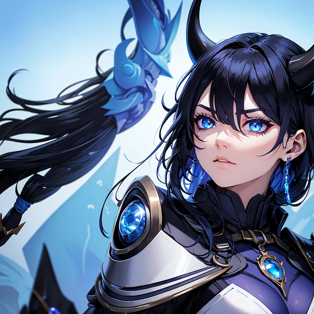 Create a character with black hair, blue highlights, and blue eyes in a futuristic desert setting, she should have futuristic horns. Your countenance must be serious