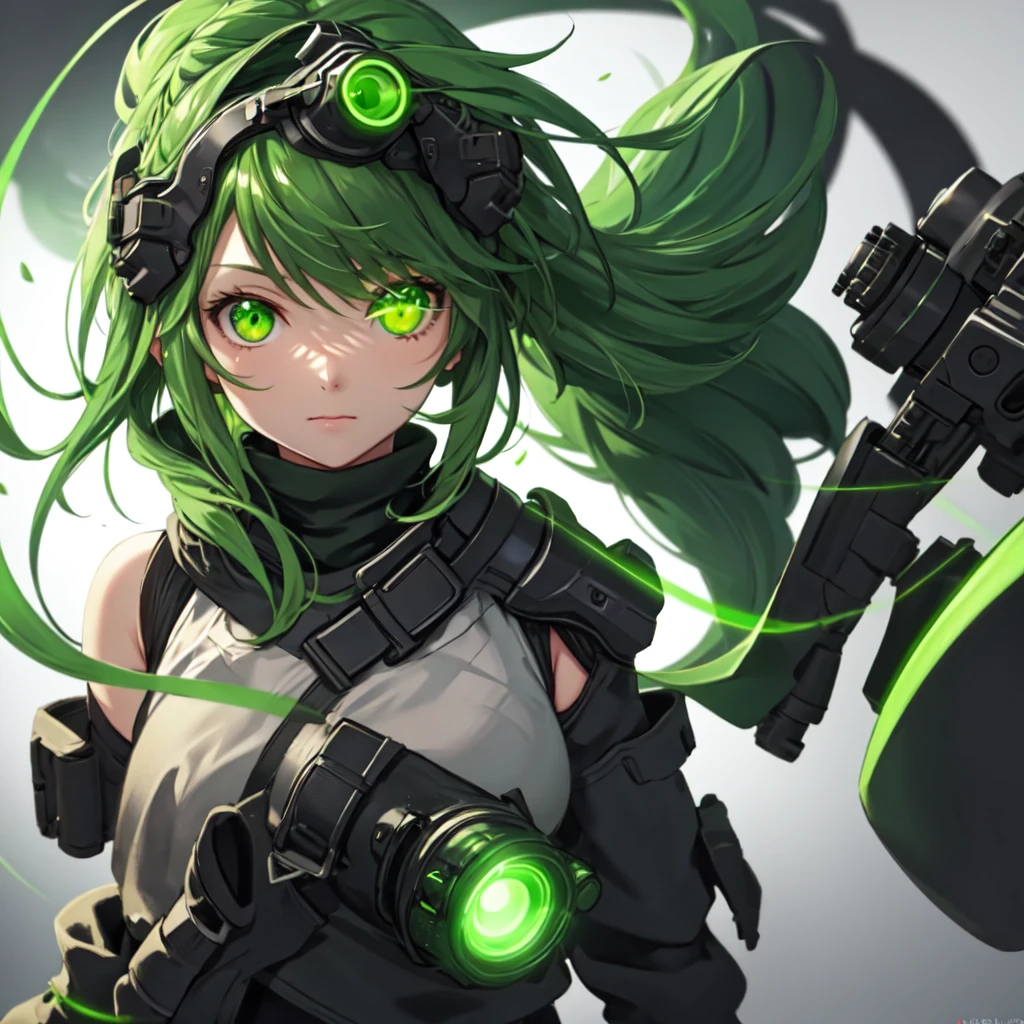 nvg, goggles on head, green eyes, glowing, glowing eyes, simple background, girl, solo, ((upper body, face and shoulder portait)),  