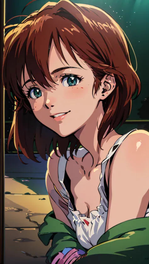 1girl, mana kirishima, evangelion anime, 90s anime style, short brown hair, green eyes, white dress, smiling, highly detailed, m...