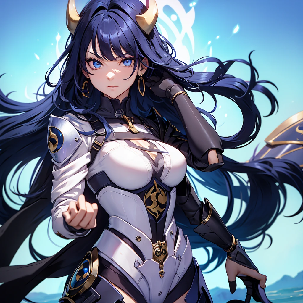 Create a character with black hair, blue highlights, and blue eyes in a futuristic desert setting, she should have futuristic horns. Your countenance must be serious