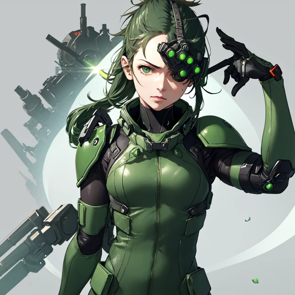 Yoji Shinkawa style, goggles on head, green eyes, glowing, glowing eyes, simple background, girl, solo, ((upper body, face and shoulder portait)), metal gear solid