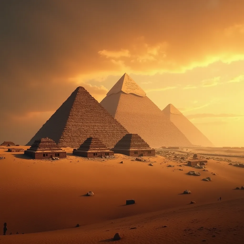 a majestic desert landscape with the ancient Pyramids of Giza, dramatic lighting, cinematic composition, intricate architectural details, glowing warm tones, epic scale, photorealistic, 8k, (best quality,4k,8k,highres,masterpiece:1.2),ultra-detailed,(realistic,photorealistic,photo-realistic:1.37), dramatic sky, sweeping sand dunes, iconic silhouettes, golden hour lighting, dramatic shadows, detailed hieroglyphics, mysterious atmosphere, awe-inspiring wonder