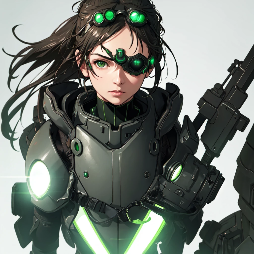 Yoji Shinkawa style, goggles on head, green eyes, glowing, glowing eyes, simple background, girl, solo, ((upper body, face and shoulder portait)), metal gear solid