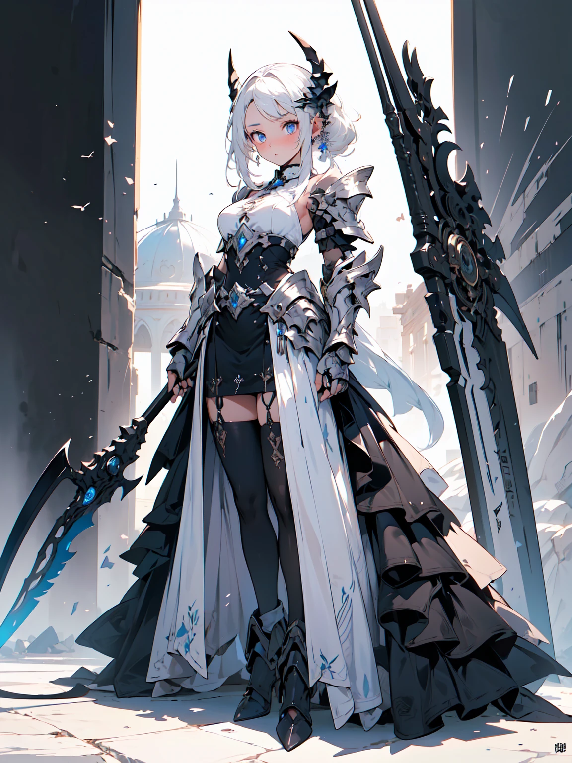 (((masterpiece, best quality, high detailed, 16k))) (1girl) A breathtakingly beautiful young girl with short stylish white hair and piercing eyes. She wears a demonic armor in purple black and white. wields a large stylized scythe. ((full body front view)), (extremely detailed:1.5)