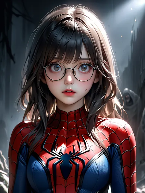 1girl,korean girl,girl wearing glasses,girl in spiderman costume,torn spiderman costume,girl held by monsters,scared girl(best q...