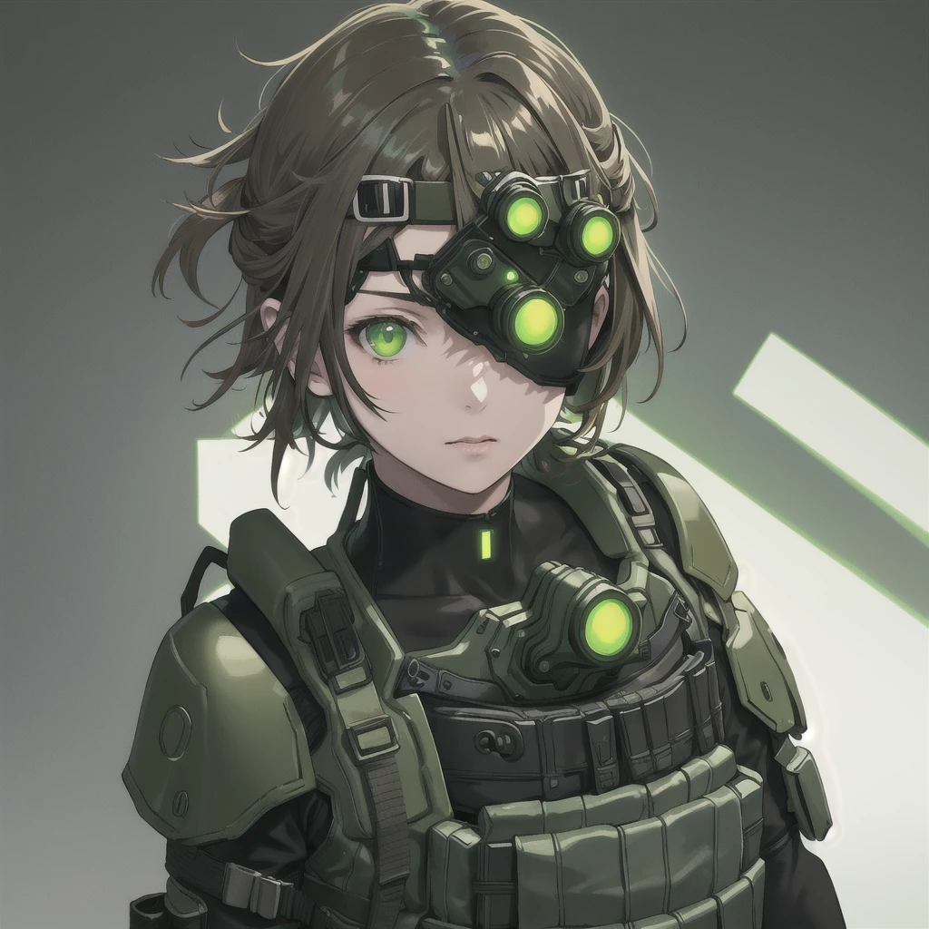 Yoji Shinkawa style, goggles on head, green eyes, glowing, glowing eyes, simple background, girl, solo, ((upper body, face and shoulder portait)), metal gear solid