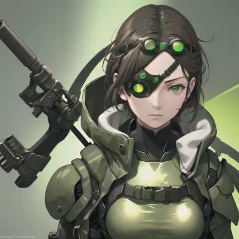 yoji shinkawa style, goggles on head, green eyes, glowing, glowing eyes, simple background, girl, solo, ((upper body, face and s...