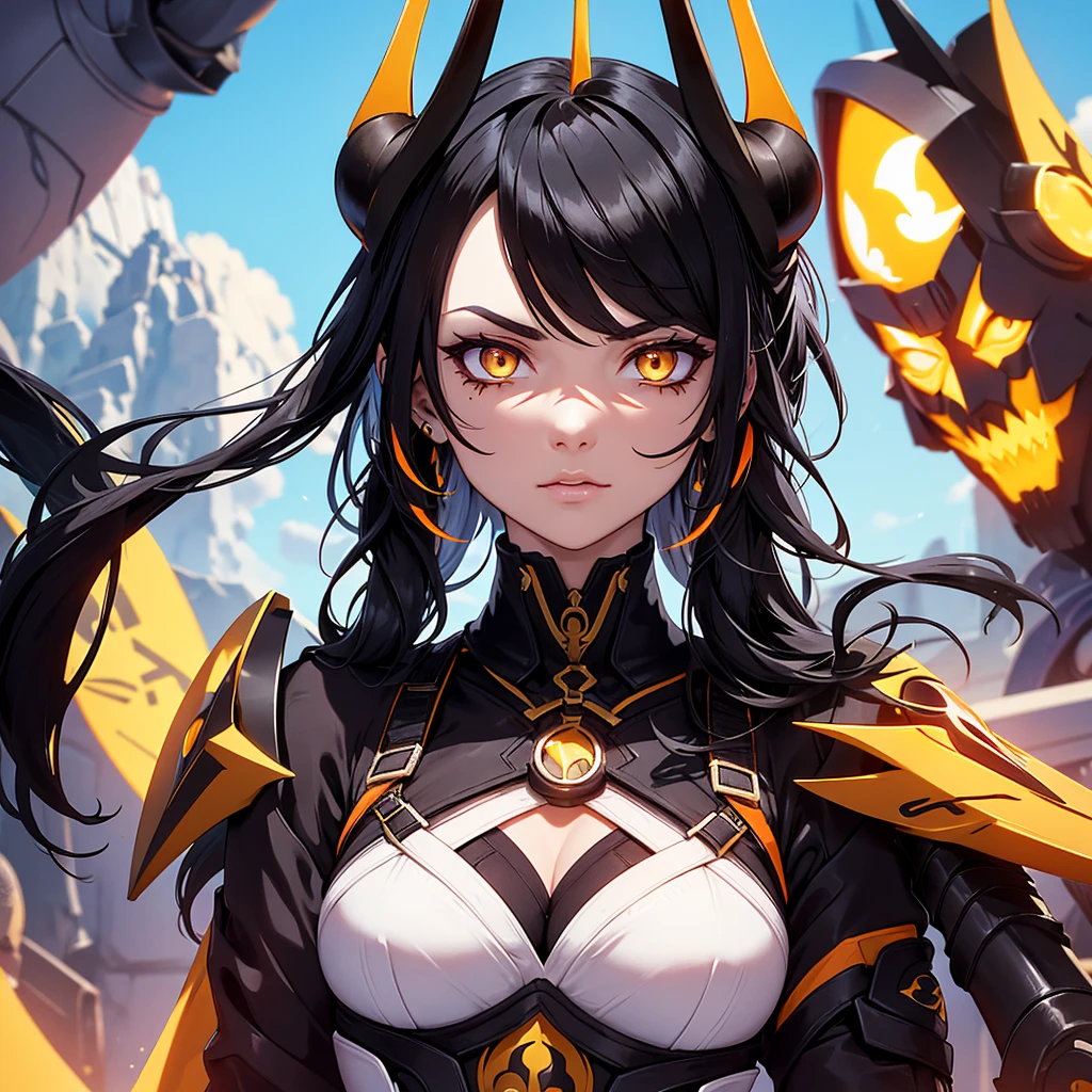 Create a character with black hair, orange highlights, and yellow eyes in a futuristic desert setting, she should have futuristic horns. Your countenance must be serious