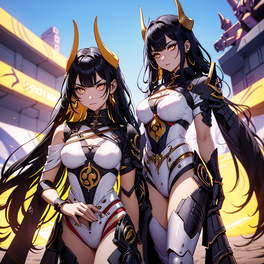 Create a character with black hair, orange highlights, and yellow eyes in a futuristic desert setting, she should have futuristic horns. Your countenance must be serious