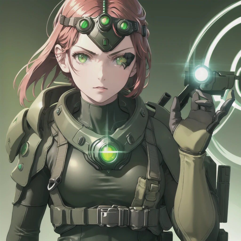 goggles on head, green eyes, glowing, glowing eyes, simple background, girl, solo, ((upper body, face and shoulder portait)), metal gear solid, xbox