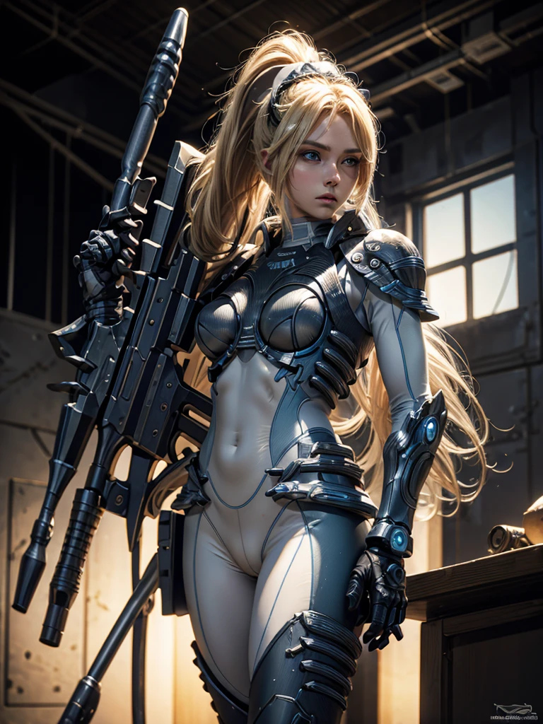 starcraft_nova, Extremely Beautiful Face, Long Blond Ponytail Hair, Blue Eyes, Carrying a Sniper Rifle in her hands, White suit armor, showing full body, High Resolution, Masterpiece, Accurate, Anatomically Correct, Best Quality, Award Winning, Detail, HD, High Details, High Quality, Quality, Retina, Super Detailed, Textured Skin, UHD, proud pose with fierce expression.