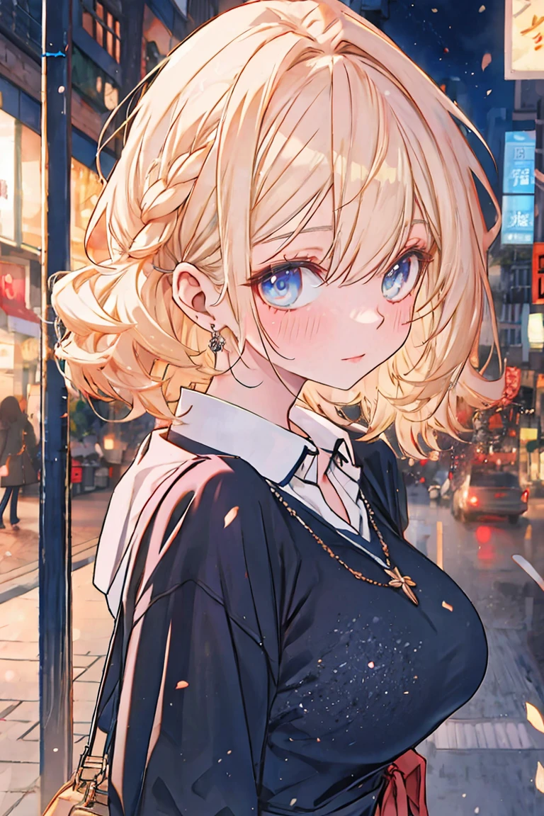 Curly Bob Hairstyle, Platinum blonde haired woman in orange collared shirt posing for photo in the city, 8K Artgerm bokeh, Well-proportioned body, 美丽的Korean woman, Gorgeous necklace, 美丽的年轻Korean woman, Soft portrait shots 8 k, Korean Girl, Narrow eyes, Beautiful grey eyes, Chen 8K, Cute young woman, Korean woman, Beautiful blond girl