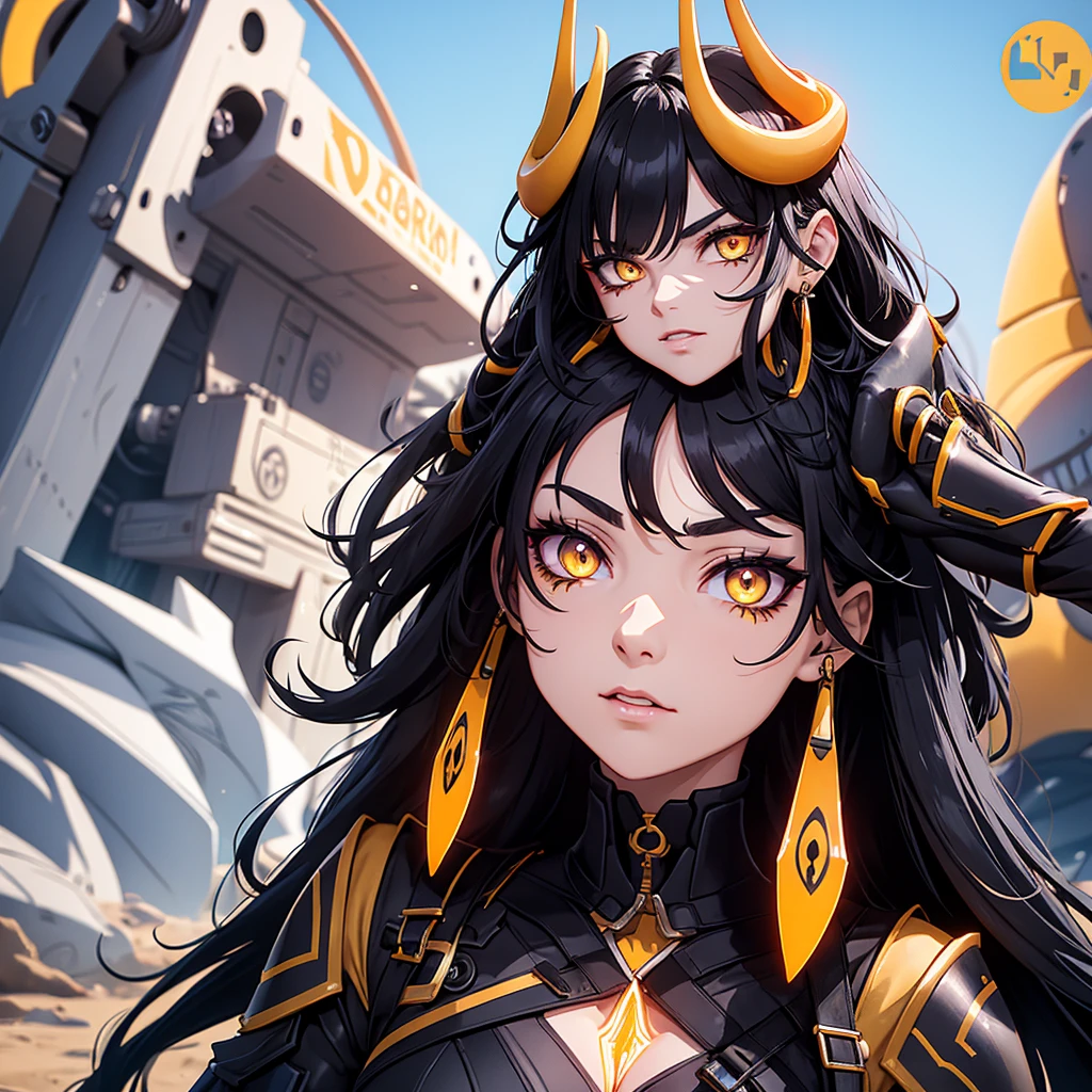 Create a character with black hair, orange highlights, and yellow eyes in a futuristic desert setting, she should have futuristic horns. Your countenance must be serious