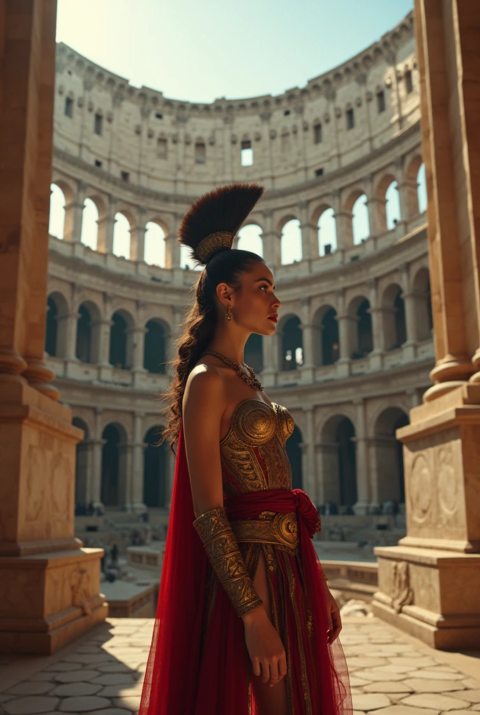        Roman Colosseum: “Create an 8k resolution image of the Roman Colosseum, featuring an intricately designed architectural style with maximalist elements. The scene should blend surrealism with elaborate details, showcasing a female model dressed as a Roman gladiatrix. Use cinematic lighting and a warm color palette to highlight her detailed makeup and elaborate hairstyle, evoking a sense of grandeur and historical intrigue.”                                              