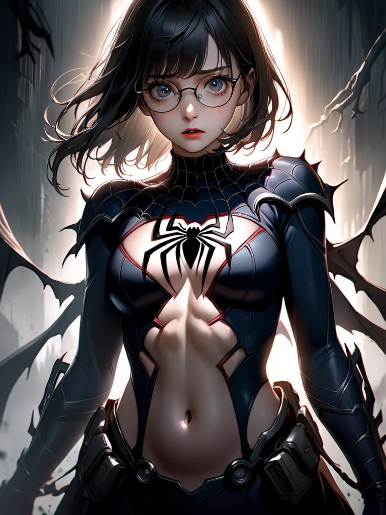 1girl, korean girl, girl wearing glasses, girl in spiderman costume, belly torn spiderman costume, girl held by monsters, scared girl, highly detailed face, extremely detailed eyes and face, longeyelashes, detailed facial features, dramatic lighting, cinematic lighting, moody lighting, dark fantasy, horror, dark, ominous, ripped clothing, exposed stomach, exposed chest, exposed arm, photorealistic, 8k, hyperrealistic, chiaroscuro, dark shadows, moody atmosphere, dramatic pose, fearful expression