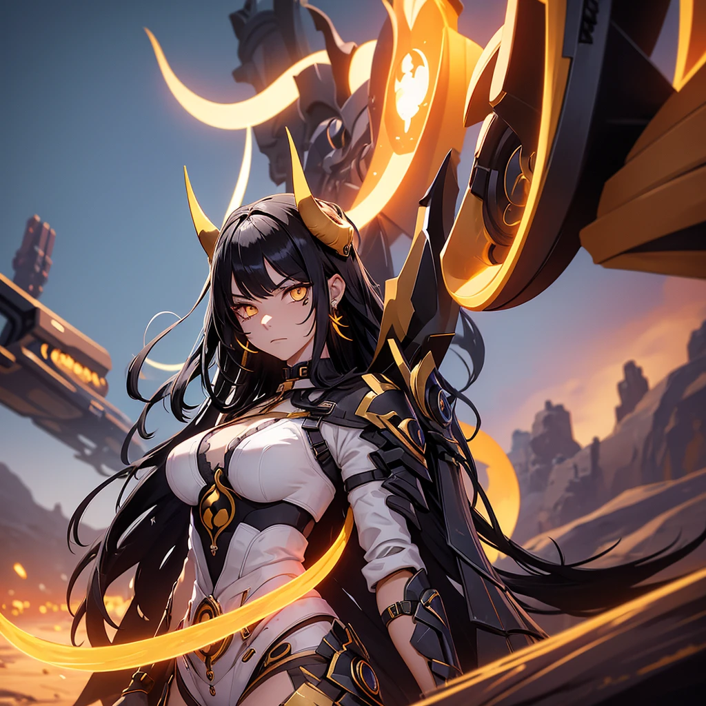 Make a character ALONE with black hair with orange highlights and yellow eyes in a futuristic desert setting, she should have futuristic horns. Your countenance must be serious. Arid and dry landscape