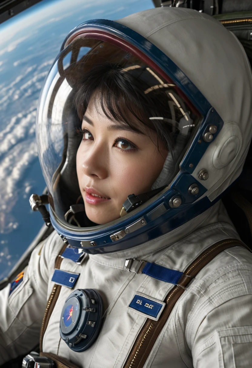 ((Female pilot in the cockpit of a reconnaissance plane), (airplane cockpit), (in flight), (10000 feet altitude)、(sky view):1.7),, short hair, street, emo, BLACK hair, white eyes, eyeliner, apocalypse, girl, nside the (cockpit:1.9) of a (futuristic spaceship:1.6), , blush,sitting on a chair, covered navel, space helmet, space helm, plug suit , space helmet, eva helm, space suit, short hair, spacesuit, astronaut
from , (8k, RAW photo, best quality, masterpiece), (photorealistic), outstanding details, ultra-high resolution, anatomically correct, textured skin, (wide lens effect), (outer space), astronaut, extravehicular activity, EVA, weightlessness, zero gravity, spacewalk, (Cute Japanese girl , 20-year-old),