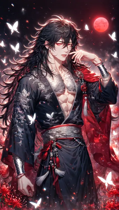 absurdres, highres, ultra detailed, HDR) master piece, best quality, extremely detailed, detailed eyes, detailed face, Xue Yu, black hair, long hair, messy untamed hair, hair between the eyes, Thousand Years War, solo, sexy man, manly man, adult face, sensual, black robes, red cape, accessories, showing the chest, silver long bracelets, blood water, red spider lilies, radiant, red moon, flames, glittering silver butterflies, red rain, Jujutsu Kaisen