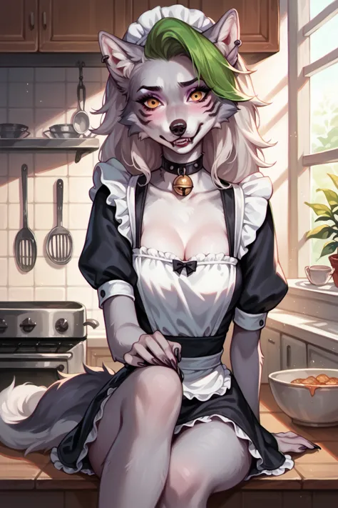 solo, female, (lora roxanne wolf), realistic background, indoors, inside kitchen, sitting on top of countertop, maid outfit, bla...