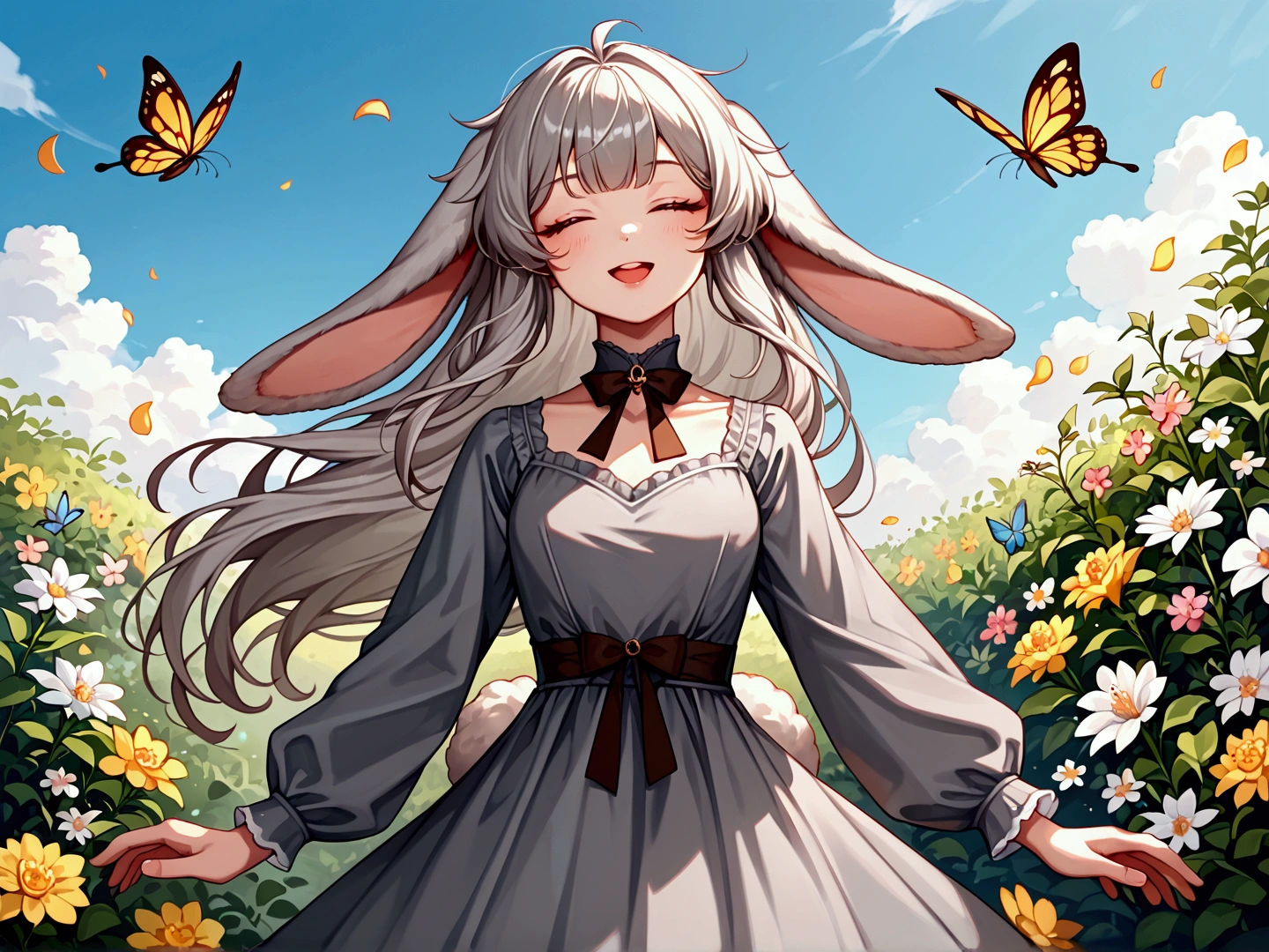 score_9, score_8_up, score_7_up, (masterpiece:1.2), (best quality:1.2), (very aesthetic:1.2), (absurdres:1.2), 1girl, solo, gray hair, long hair, closed eyes, smile, happy, faint lips, open mouth, rabbit girl, (floppy ears, droppy ears, lop ears, fluffy:1.2), rabbit tail, (gray dress, frilld dress, brown ribbon, long sleeves:1.2), outdoors, flower, many flowers, petals, butterfly, sky