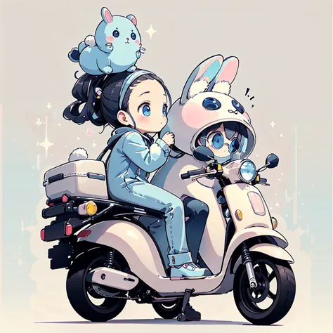 perfect anatomy、highest quality、masterpiece、blue rabbit costume、big goggles on your head、a cute, futuristic scooter in pastel co...