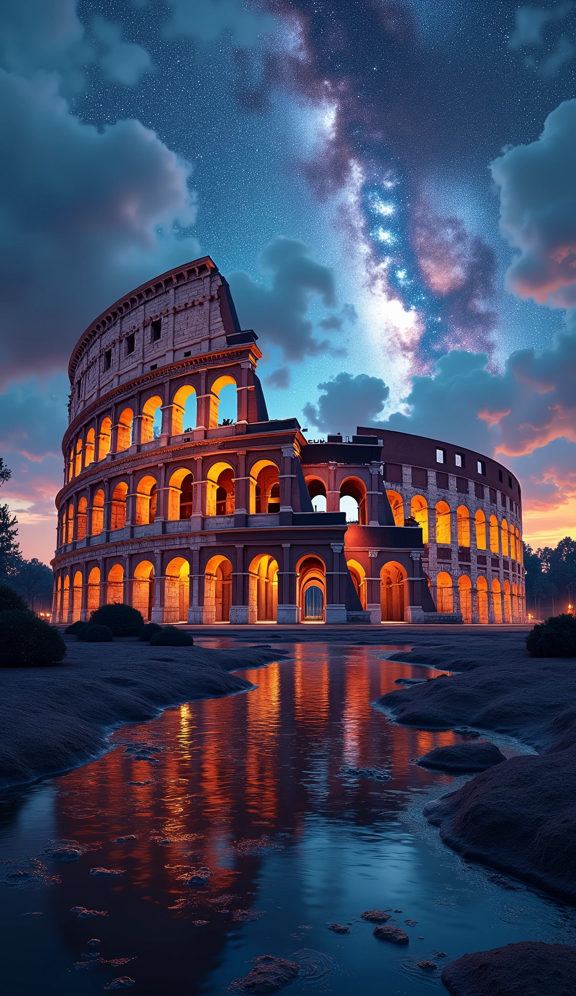 the Colosseum in Rome, Italy,, Photo realistic, Celestial, colorful stars々が輝くnight sky, fantasy theme, clearly visible, Cinema lighting, vivid lighting, dramatic atmosphere, Highly detailed, 8K, Lifelike, intricate details, 1 PC, night sky, dramatic lighting, dramatic clouds, bright star, The Milky Way in the background, Realistic reflections in water, dramatic lighting and shadows, Dramatic composition, beautiful colors and tones.