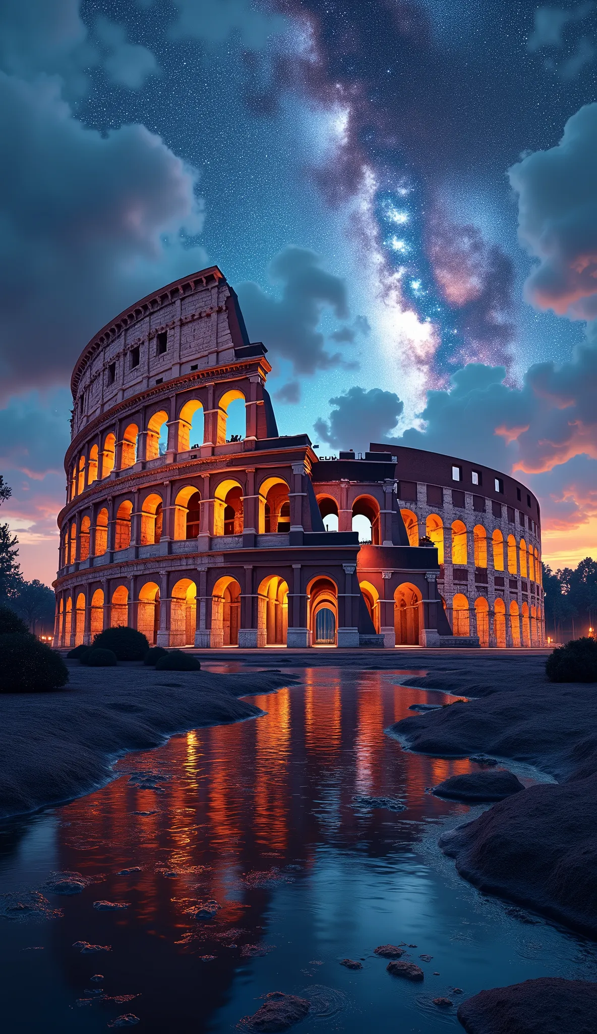 the Colosseum in Rome, Italy,, Photo realistic, Celestial, colorful stars々が輝くnight sky, fantasy theme, clearly visible, Cinema lighting, vivid lighting, dramatic atmosphere, Highly detailed, 8K, Lifelike, intricate details, 1 PC, night sky, dramatic lighting, dramatic clouds, bright star, The Milky Way in the background, Realistic reflections in water, dramatic lighting and shadows, Dramatic composition, beautiful colors and tones.