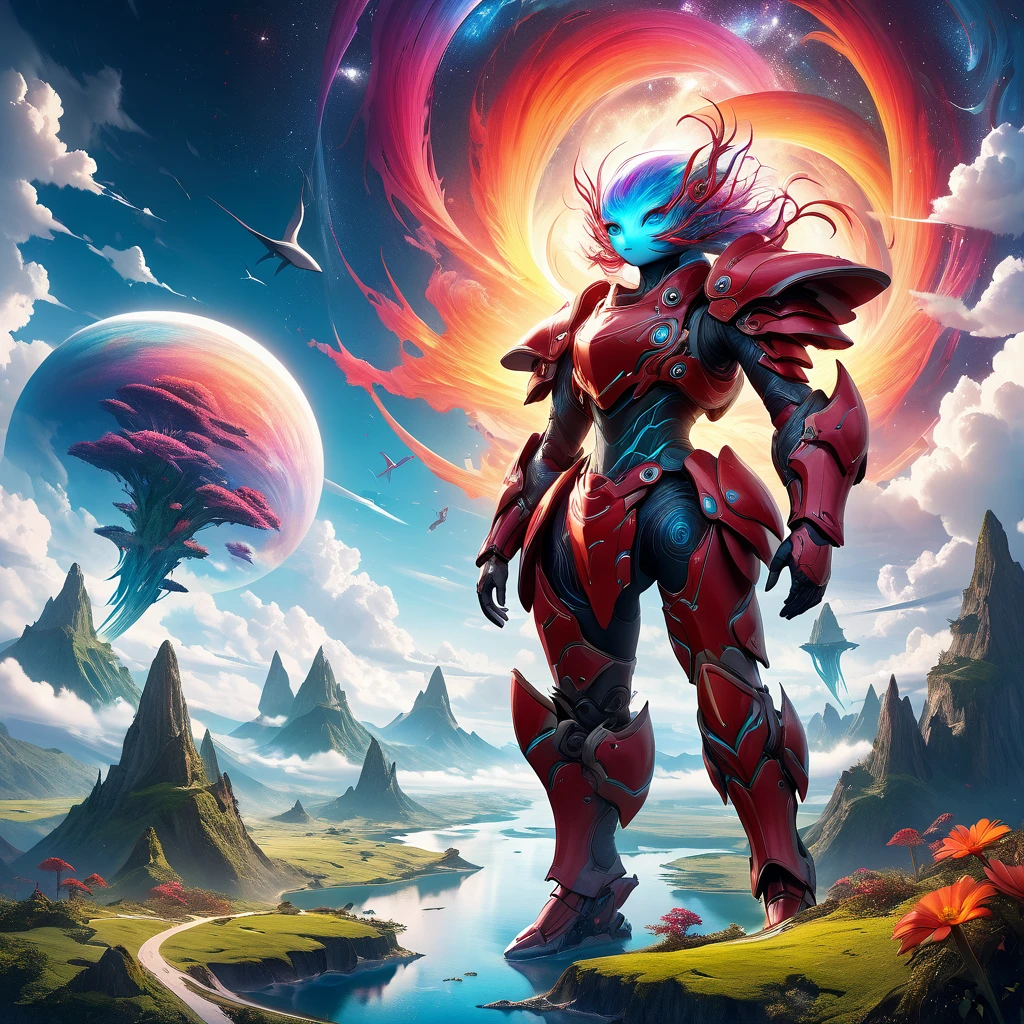 Surreal painting of an creature, an abstract surrealism artwork featuring a dreamlike landscape with floating islands, and vibrant colors blending into a cosmic background ultrarealistic  large, expressive eyes and intricate, in the clouds, full body, red heavy armor with floral details, ancient and modern designs, creating a mesmerizing, otherworldly atmosphere, cinematic composition, trending on ArtStation. Vibrant and colorful, high quality, 4k, ultra-detailed, surreal, space art, fantasy, metallic sky, ethereal glow, magical lighting.Melhor qualidade, Detalhes altos, Alta qualidade, Modelo HD, 