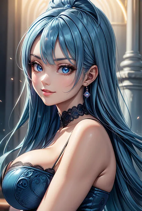 a slender woman with an s-curve figure, heart-shaped face, gentle features, long blue hair, warm kind smile, resembling bulma,1g...