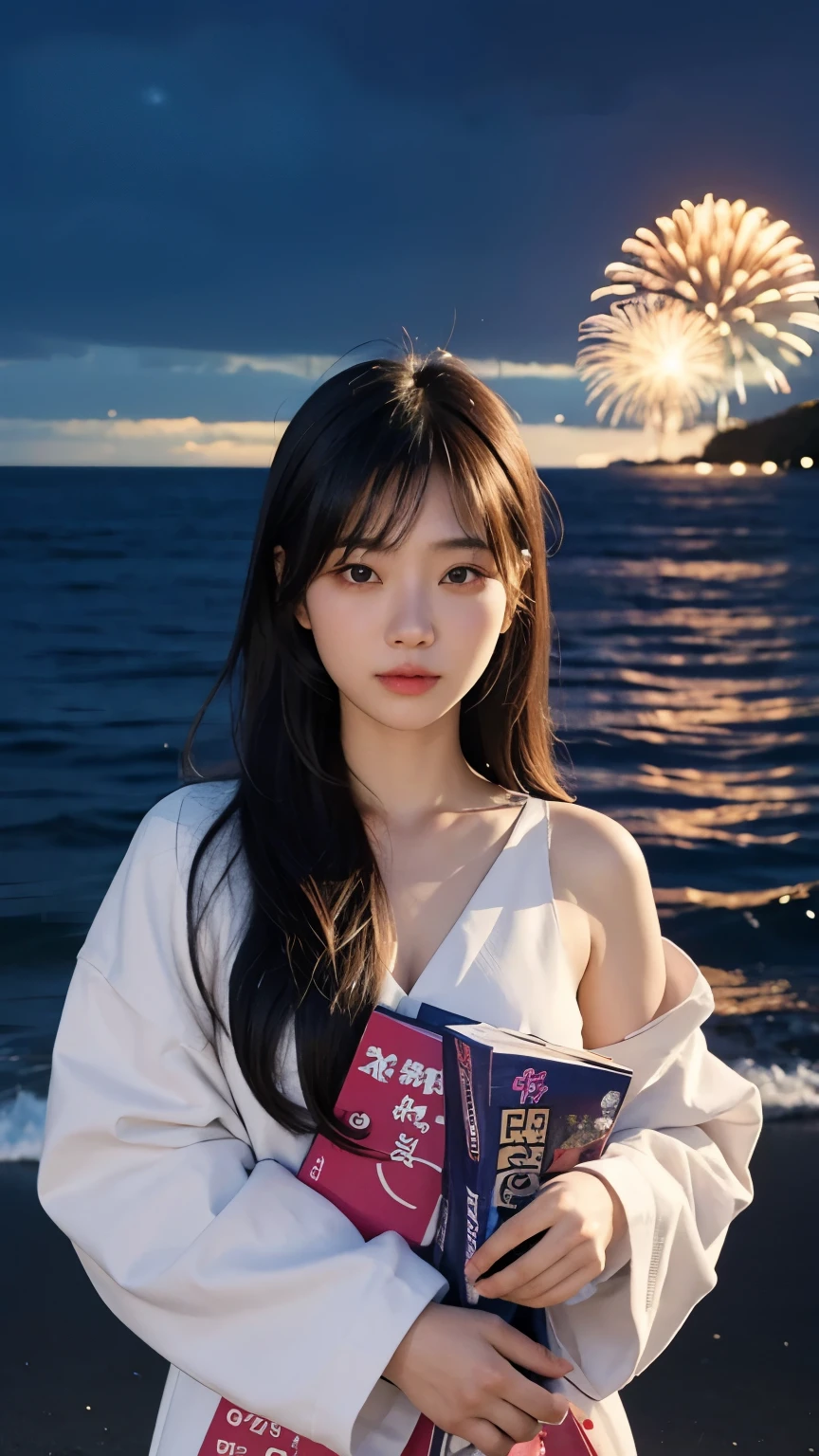 Japanese，Age 22，beautiful girl，Randomly generated people with diverse facial features and hairstyles，Perfect Anatomy,Ocean，Beach，firework，Night Sky，Launch firework， Ocean，sweet girl，Photoshoot，magazine photography