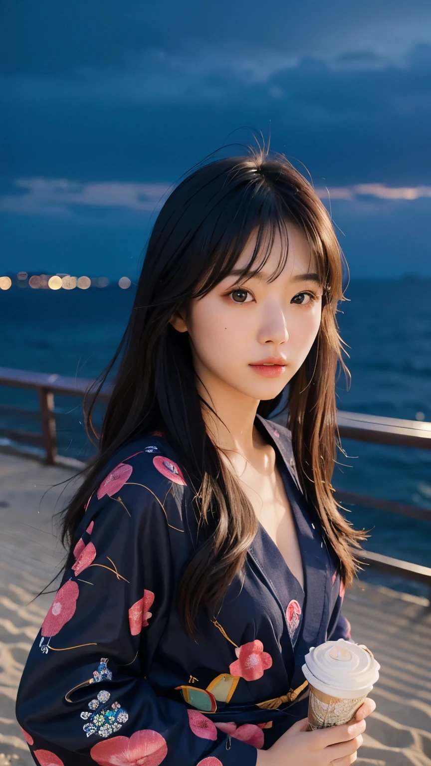 Japanese，Age 22，beautiful girl，Randomly generated people with diverse facial features and hairstyles，Perfect Anatomy,Ocean，Beach，firework，Night Sky，Launch firework， Ocean，sweet girl，Photoshoot，magazine photography