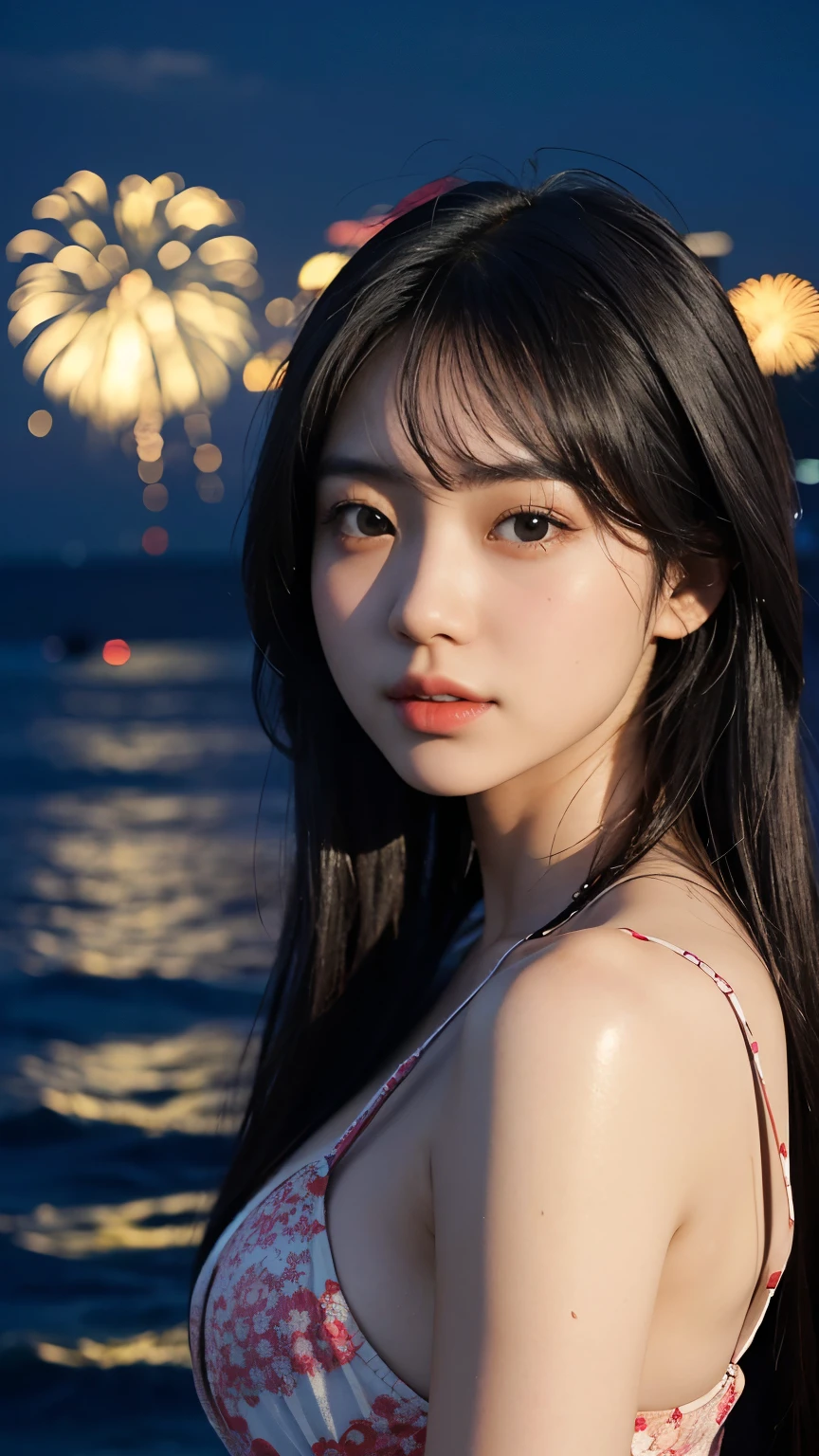 Japanese，Age 22，beautiful girl，Randomly generated people with diverse facial features and hairstyles，Perfect Anatomy,Ocean，Beach，firework，Night Sky，Launch firework， Ocean，sweet girl，Photoshoot，magazine photography