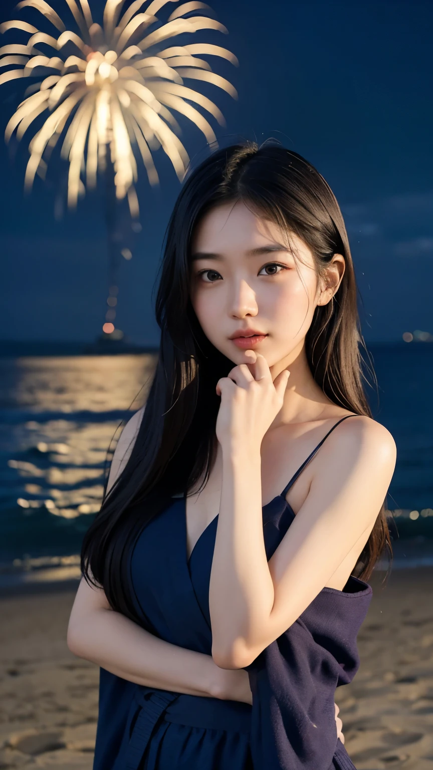 Japanese，Age 22，beautiful girl，Randomly generated people with diverse facial features and hairstyles，Perfect Anatomy,Ocean，Beach，firework，Night Sky，Launch firework， Ocean，sweet girl，Photoshoot，magazine photography