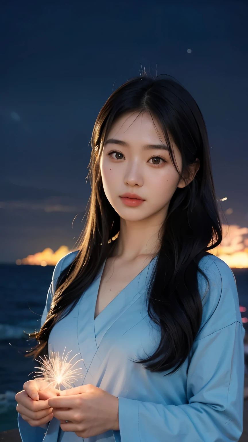 Japanese，Age 22，beautiful girl，Randomly generated people with diverse facial features and hairstyles，Perfect Anatomy,Ocean，Beach，firework，Night Sky，Launch firework， Ocean，sweet girl，Photoshoot，magazine photography