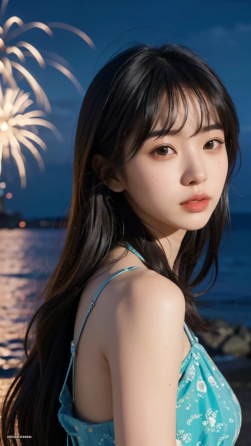 Japanese，Age 22，beautiful girl，Randomly generated people with diverse facial features and hairstyles，Perfect Anatomy,Ocean，Beach，firework，Night Sky，Launch firework， Ocean，sweet girl，Photoshoot，magazine photography