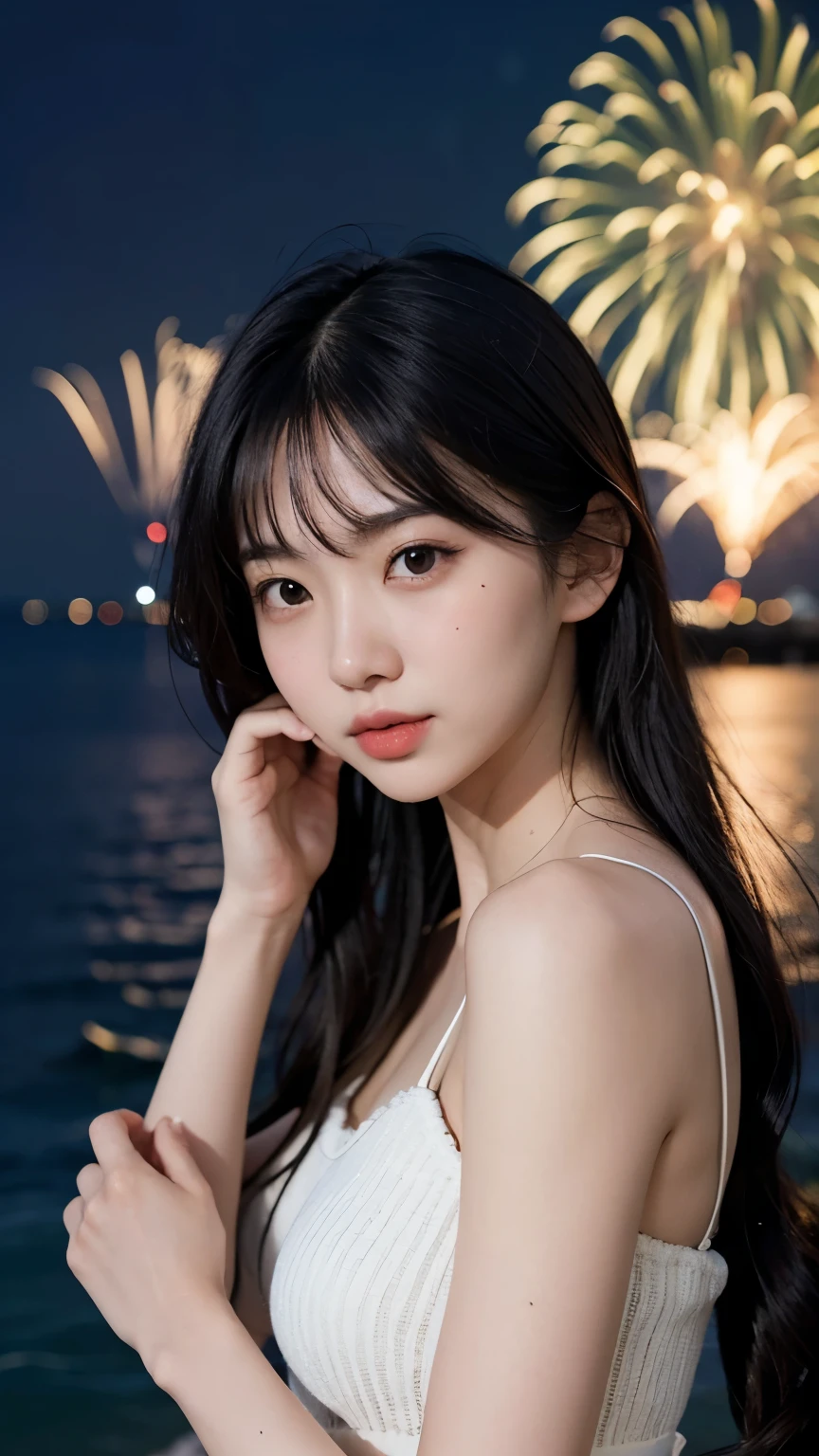 Japanese，Age 22，beautiful girl，Randomly generated people with diverse facial features and hairstyles，Perfect Anatomy,Ocean，Beach，firework，Night Sky，Launch firework， Ocean，sweet girl，Photoshoot，magazine photography