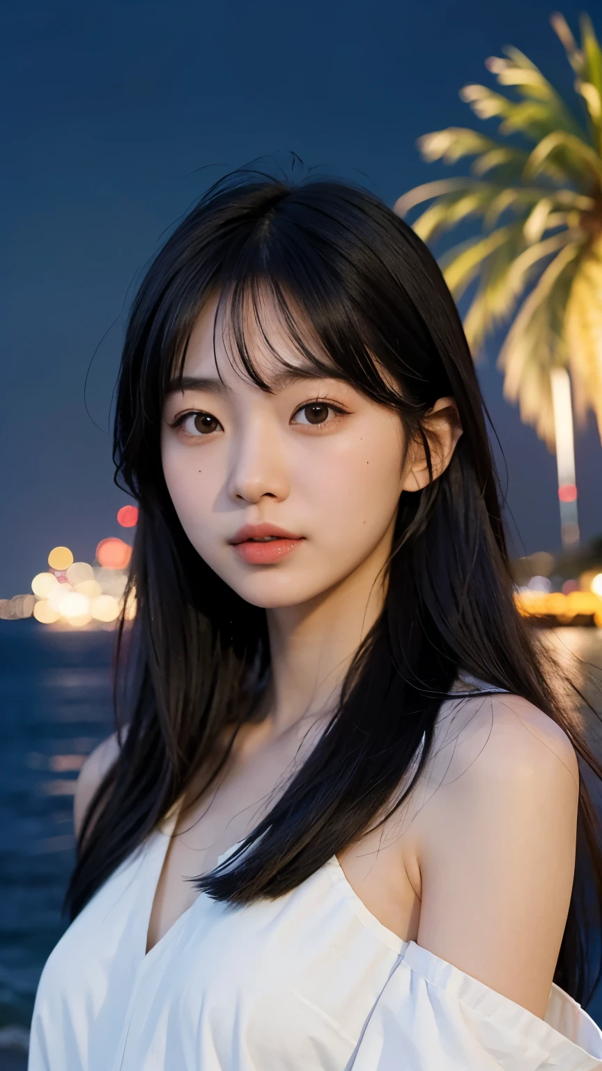 Japanese，Age 22，beautiful girl，Randomly generated people with diverse facial features and hairstyles，Perfect Anatomy,Ocean，Beach，firework，Night Sky，Launch firework， Ocean，sweet girl，Photoshoot，magazine photography