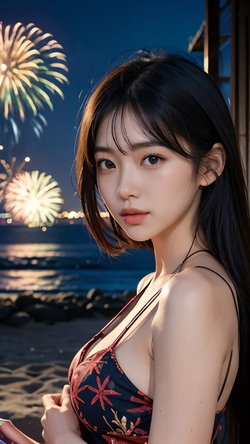 Japanese，Age 22，beautiful girl，Randomly generated people with diverse facial features and hairstyles，Perfect Anatomy,Ocean，Beach，firework，Night Sky，Launch firework， Ocean，sweet girl，Photoshoot，magazine photography