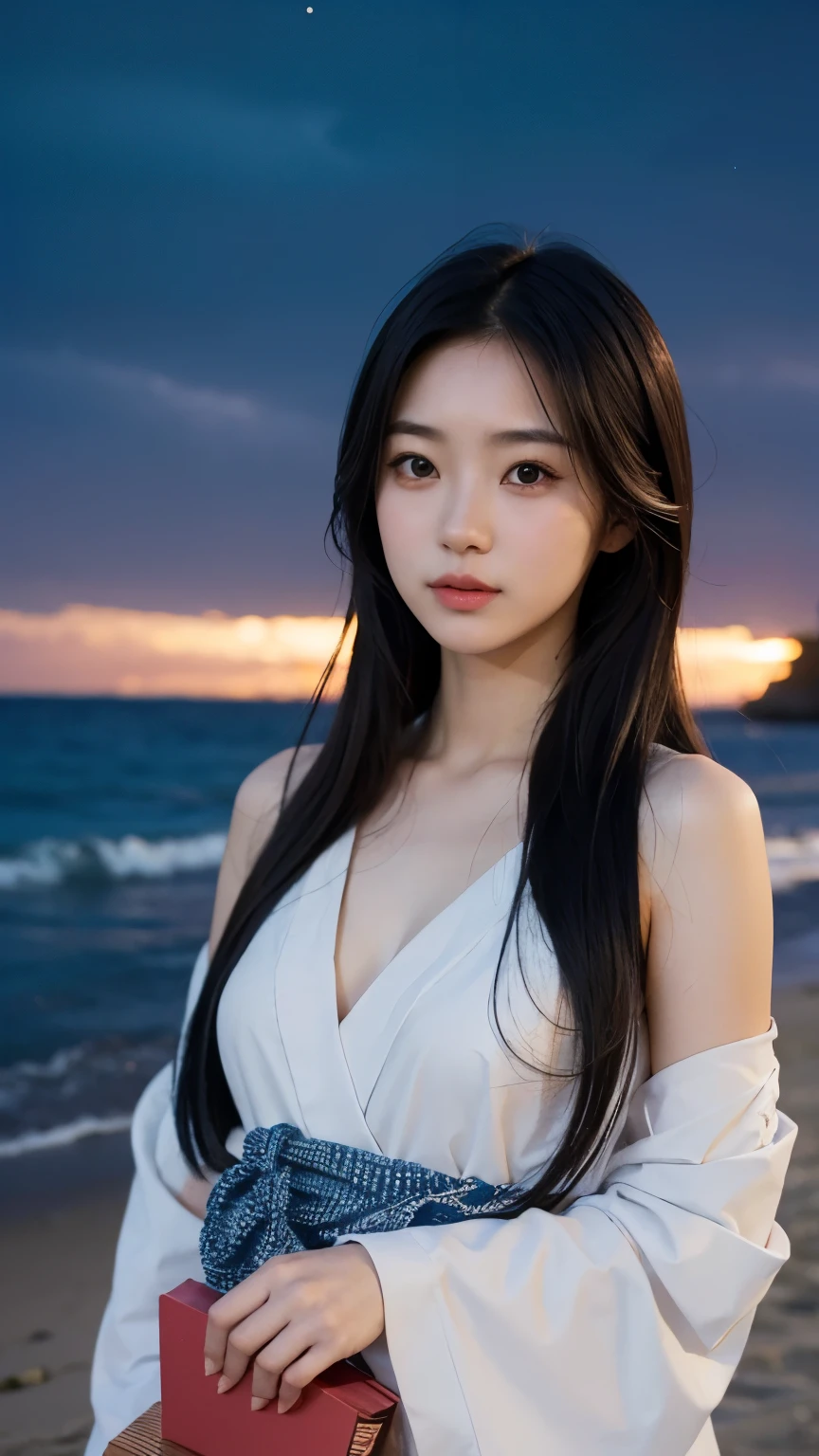 Japanese，Age 22，beautiful girl，Randomly generated people with diverse facial features and hairstyles，Perfect Anatomy,Ocean，Beach，firework，Night Sky，Launch firework， Ocean，sweet girl，Photoshoot，magazine photography