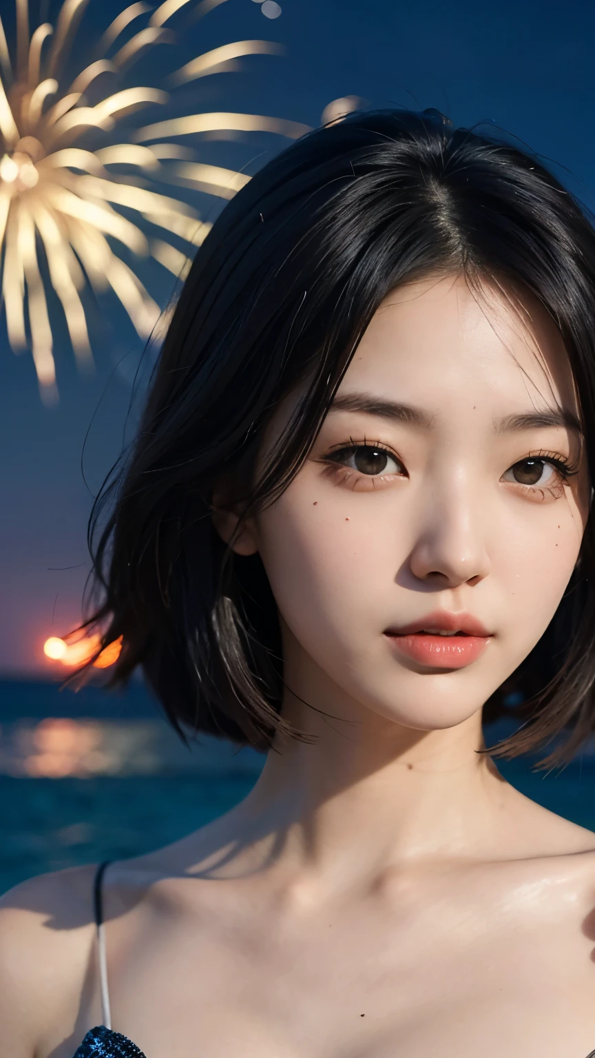 Japanese，Age 22，beautiful girl，Randomly generated people with diverse facial features and hairstyles，Perfect Anatomy,Ocean，Beach，firework，Night Sky，Launch firework， Ocean，sweet girl，Photoshoot，magazine photography