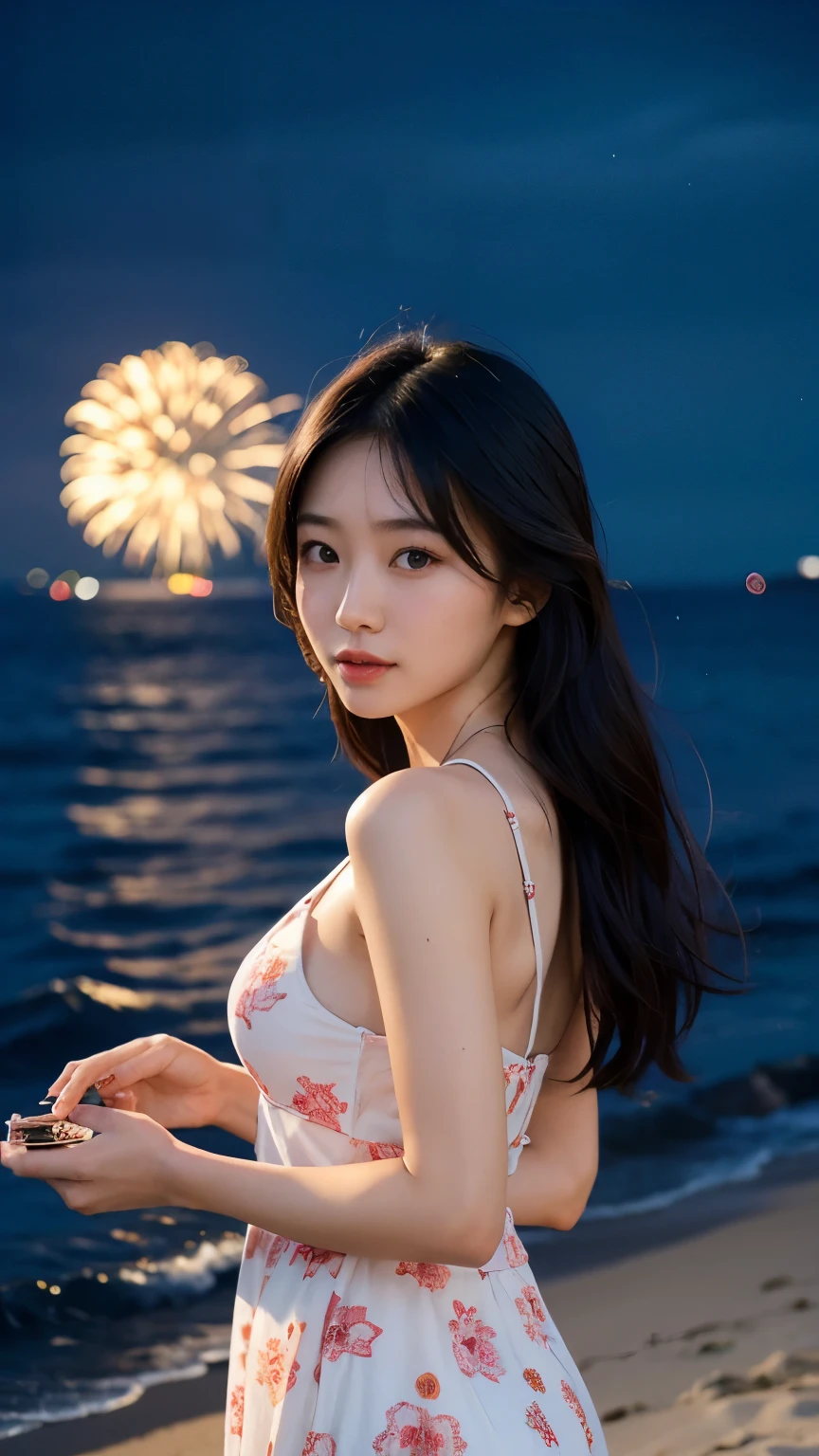 Japanese，Age 22，beautiful girl，Randomly generated people with diverse facial features and hairstyles，Perfect Anatomy,Ocean，Beach，firework，Night Sky，Launch firework， Ocean，sweet girl，Photoshoot，magazine photography