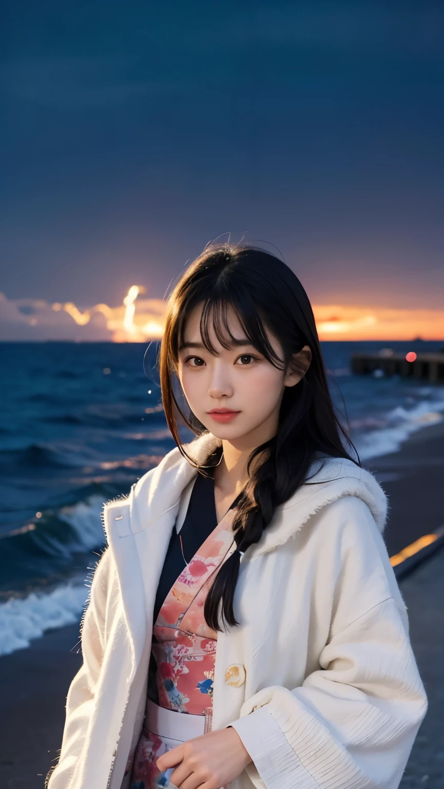 Japanese，Age 22，beautiful girl，Randomly generated people with diverse facial features and hairstyles，Perfect Anatomy,Ocean，Beach，firework，Night Sky，Launch firework， Ocean，sweet girl，Photoshoot，magazine photography