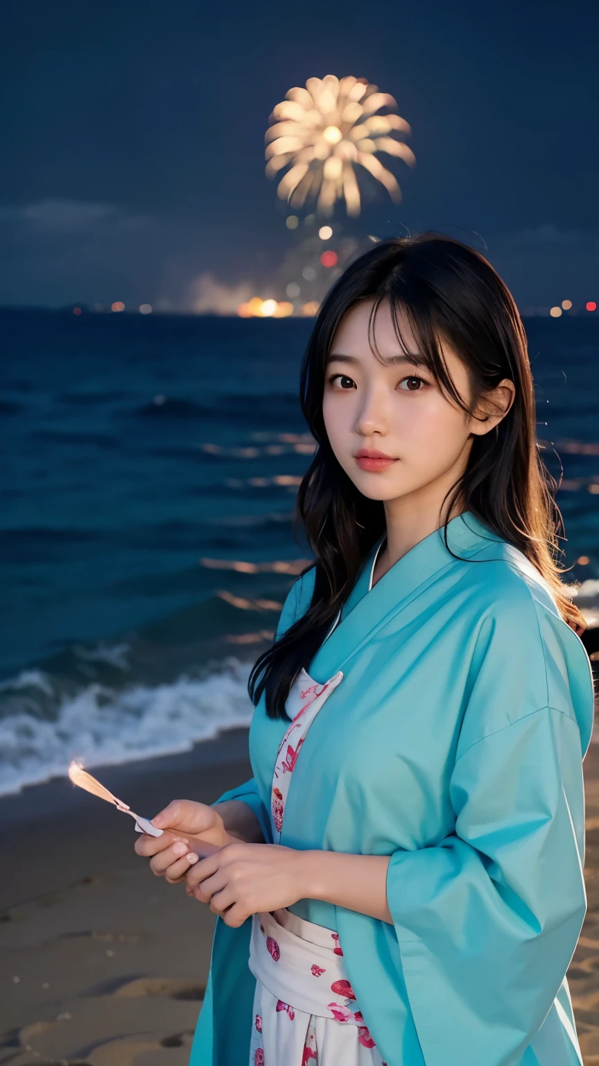 Japanese，Age 22，beautiful girl，Randomly generated people with diverse facial features and hairstyles，Perfect Anatomy,Ocean，Beach，firework，Night Sky，Launch firework， Ocean，sweet girl，Photoshoot，magazine photography