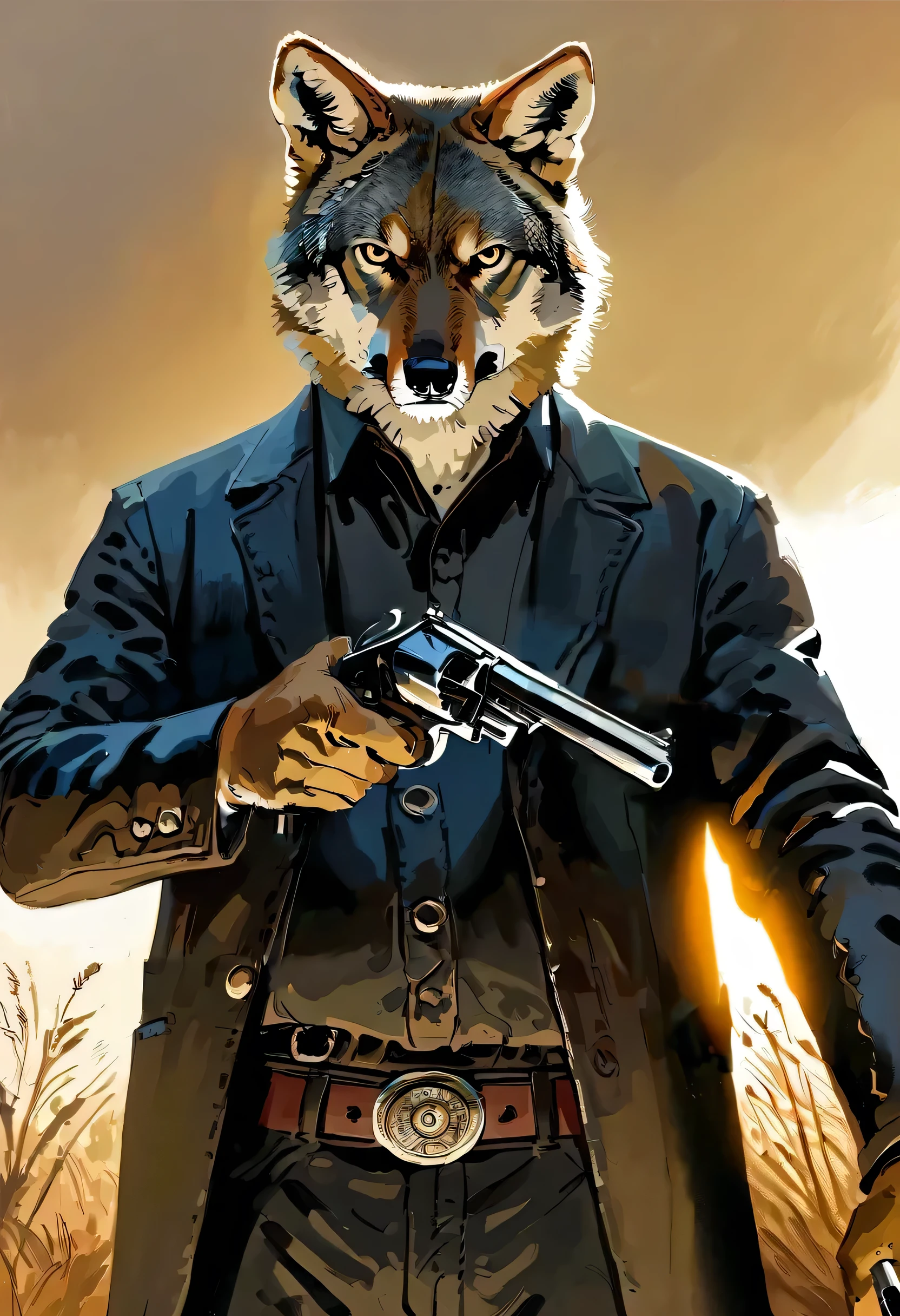 (coyote), solo, male, (anthro), (by seyorrol), ((intricate detailed background, dry prairie background)), (realistic shading), (mysterious shadows), (masterpiece, high quality, 8k, ultra HD, absurd res, top quality, best quality, max quality, masterpiece), ((realistic yellow eyes, (detailed eyes), grumpy, staring intensely at camera)), (dynamic lighting), ((cowboy, black clothing)), (full body), symmetrical composition, ((menacing pose)), low camera angle, tail, ((perfect hands)), perfect anatomy,