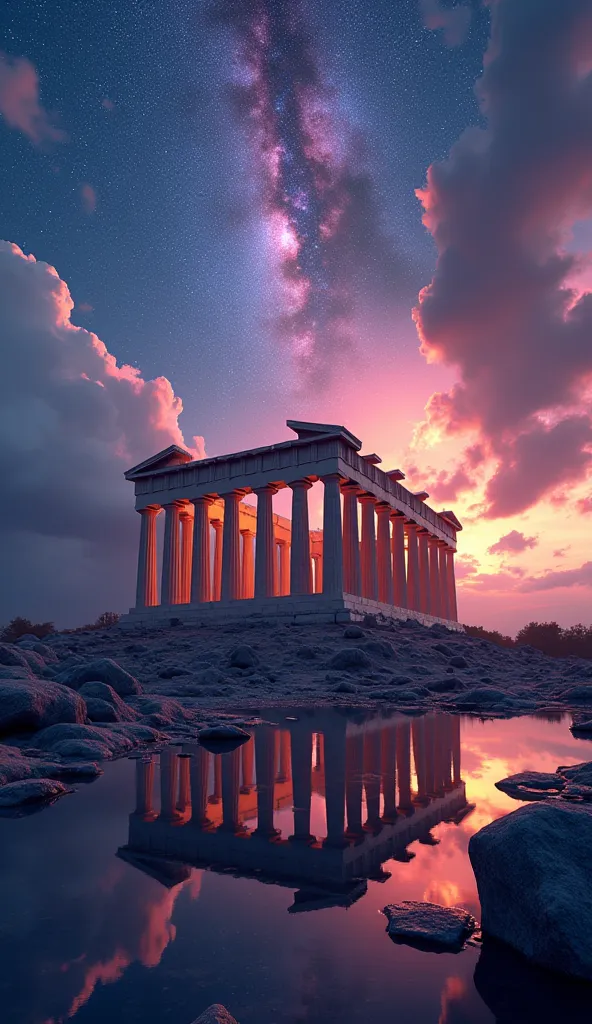 Partenón de Atenas,Photo realistic, Celestial, colorful stars々が輝くnight sky, fantasy theme, clearly visible, Cinema lighting, vivid lighting, dramatic atmosphere, Highly detailed, 8K, Lifelike, intricate details, 1 PC, night sky, dramatic lighting, dramatic clouds, bright star, The Milky Way in the background, Realistic reflections in water, dramatic lighting and shadows, Dramatic composition, beautiful colors and tones.rz-passage