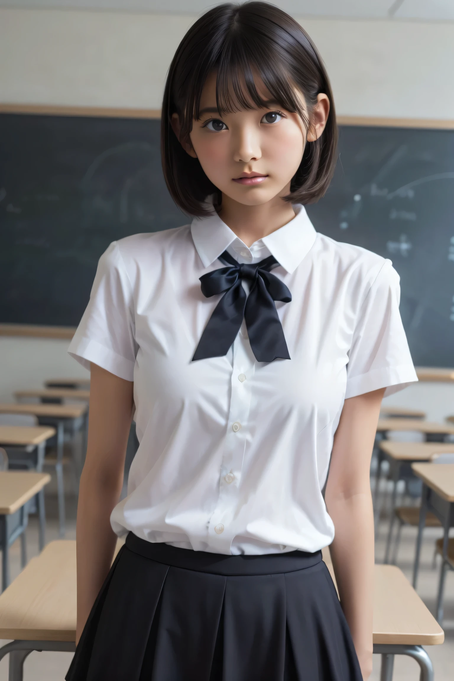 Browsing Caution,Highest quality,Ultra-high resolution,1 person,whole body,Black Hair, Troubled expression,Looking into the camera,Beautiful and elaborate face,Fine and beautiful skin,Skin Texture,Middle school students,uniform,Small breasts,mini skirt,Classroom after school,Standing pose,short hair,Very good,