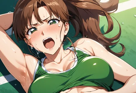 masterpiece, Highest quality, High resolution, (Makoto Kino),1990s \(style\),height: 175cm, Brown long hair,ponytail、 sexyな長い脚, green tennis uniform, Tennis court,evening,(E-cup beautiful breasts)、Sweating all over the body、vapor、Muscular、sexy,Crying face、Crying loudly、Scream,Open your mouth wide,A facial expression of pleasure、Sexual climax、Sweaty、Configuration from the front、look up,couple,nsfw,sex,vagina,penis,Semen splattered on face、Anime-style painting style,Composition focusing on the upper body、Lying on your back、Pile back