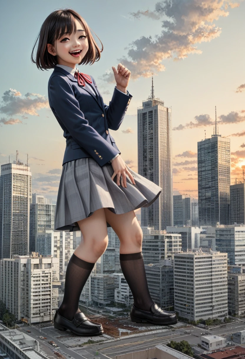 巨大なchild、Super giant girl、child、girl、giantess、Real、photograph、Realistic、Japanese women、Navy blue blazer、Grey Skirt、Red ribbon、Black Loafers、A woman bigger than the building、smile、Laughing with your mouth open、Villainess、Miniature city、Destroyed city view、Small breasts、short hair、Dark Sky、Dark Imagery、Miniature cityにしゃがみ込む女性、Detailed Description、High resolution、Black Cloud、lightning、thunder、Hurricane